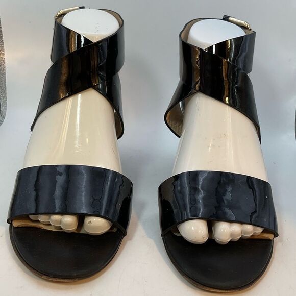 AGL LADIES SHOES 37 1/2 black patent strappy capsule heels sandals minimalist - Picture 2 of 13